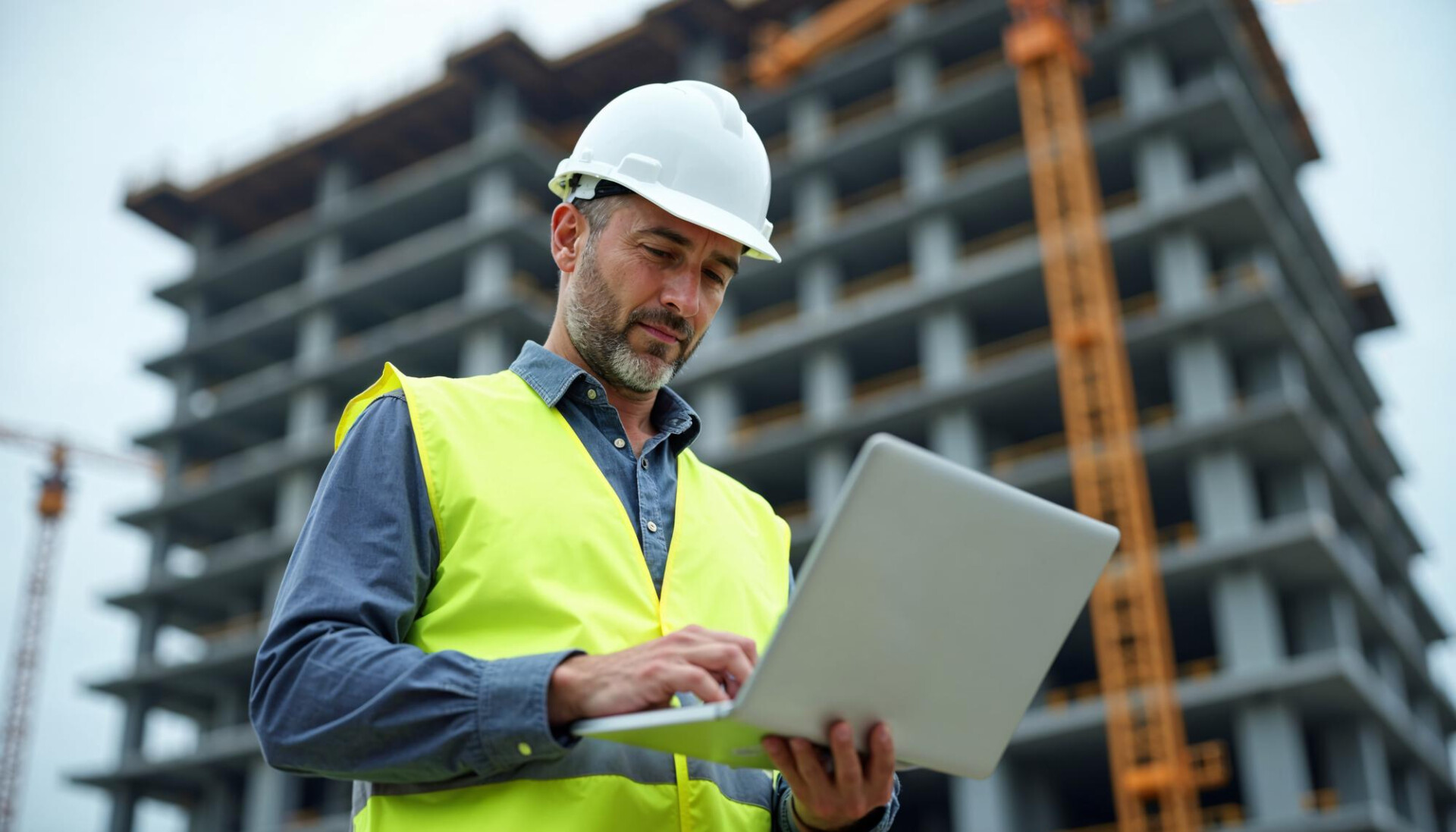 Construction site supervisor in a white hard hat and neon safety vest using a laptop amid a multi-story building under construction