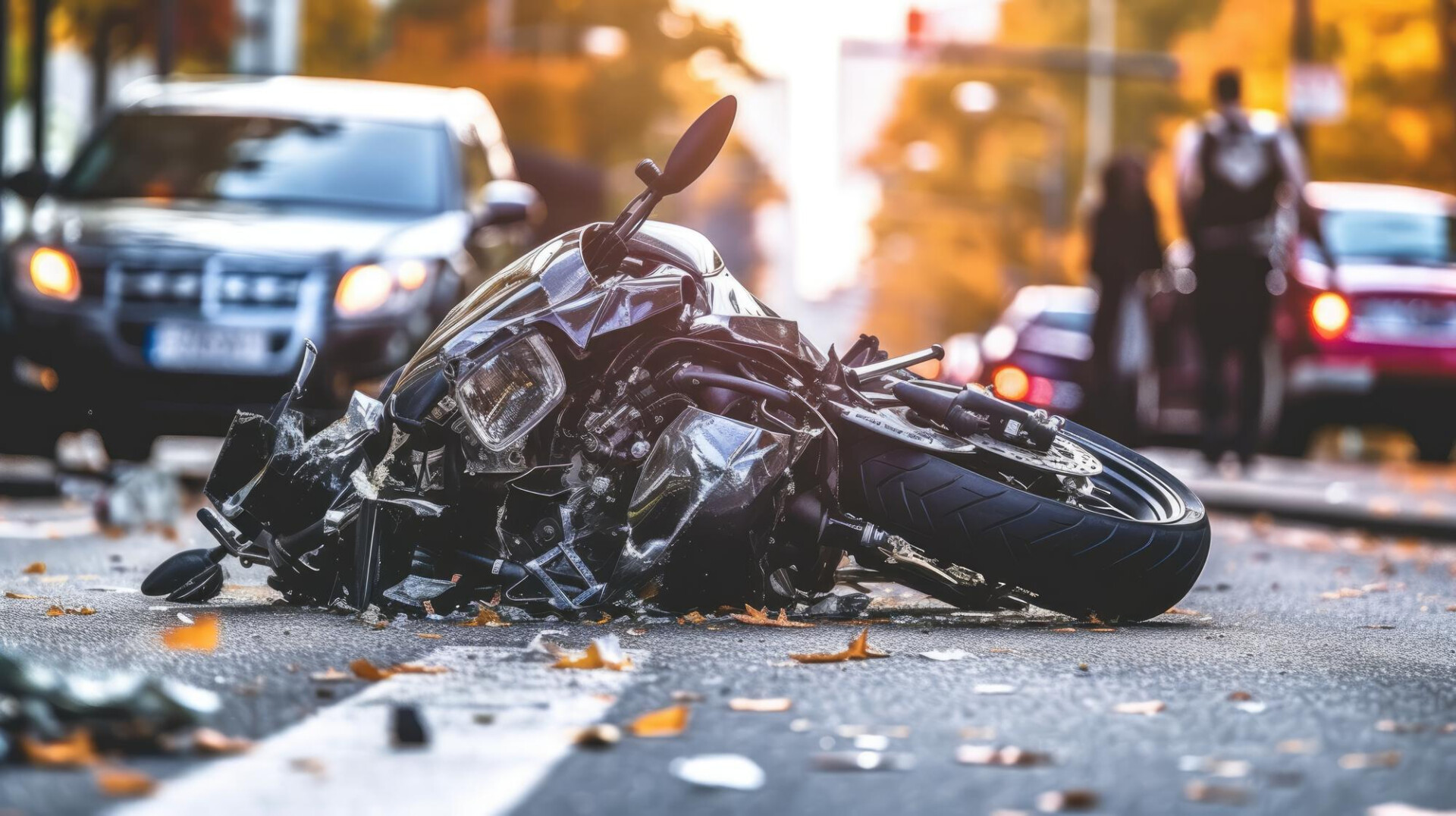 Motorcycle wreck on an urban street after a crash, with debris and fallen leaves around a toppled bike and blurred cars in the background.