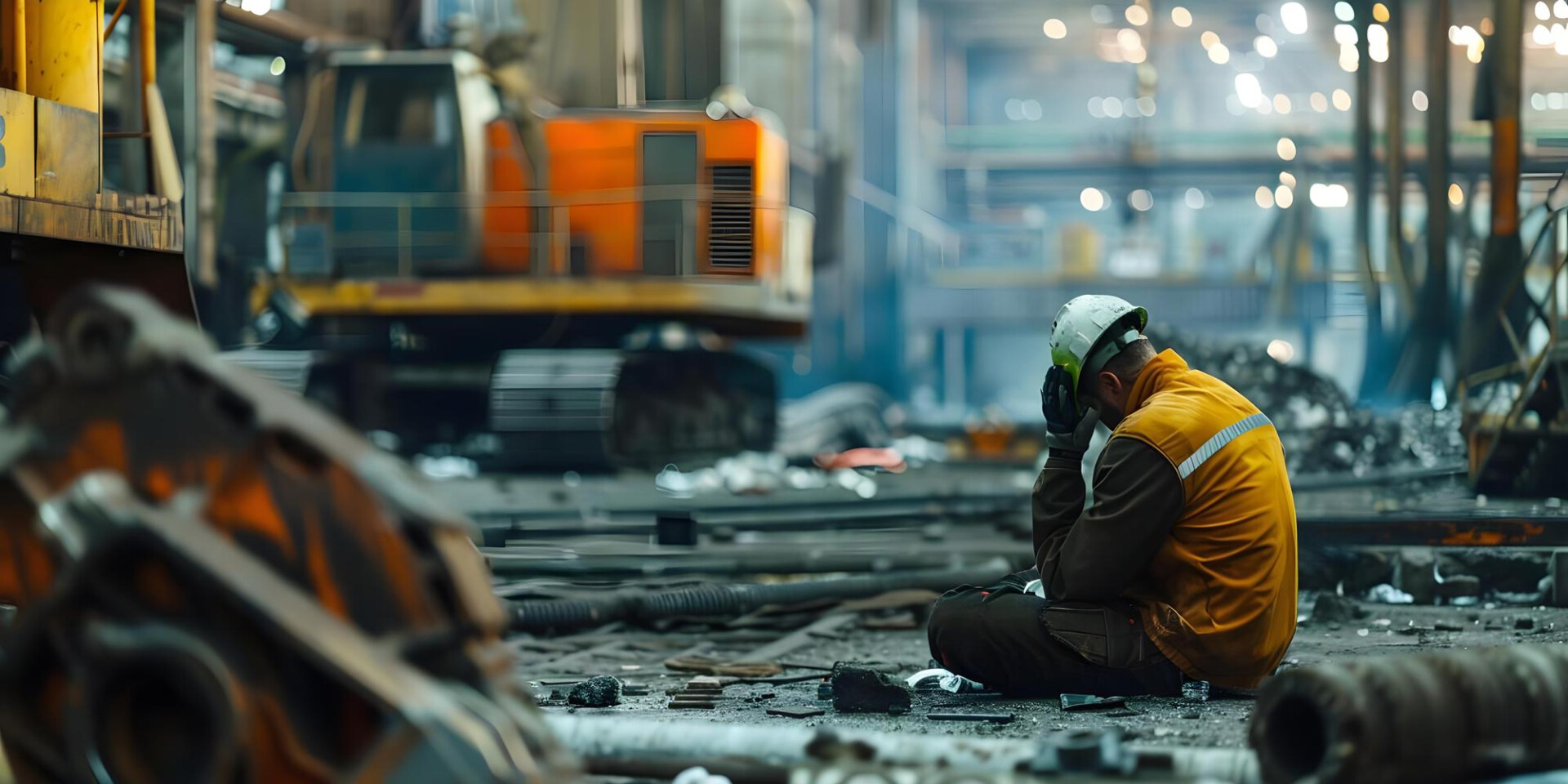 Construction worker in a high-visibility vest sits on the ground, head in hands, amid cluttered industrial equipment and debris.