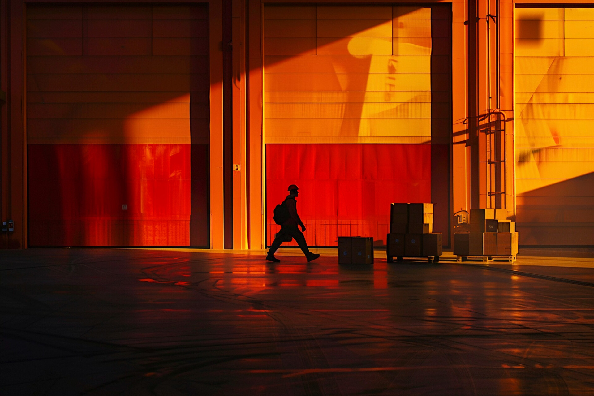 Silhouette of a worker walking past pallets and boxes inside a large, orange-lit warehouse at dusk-like lighting.