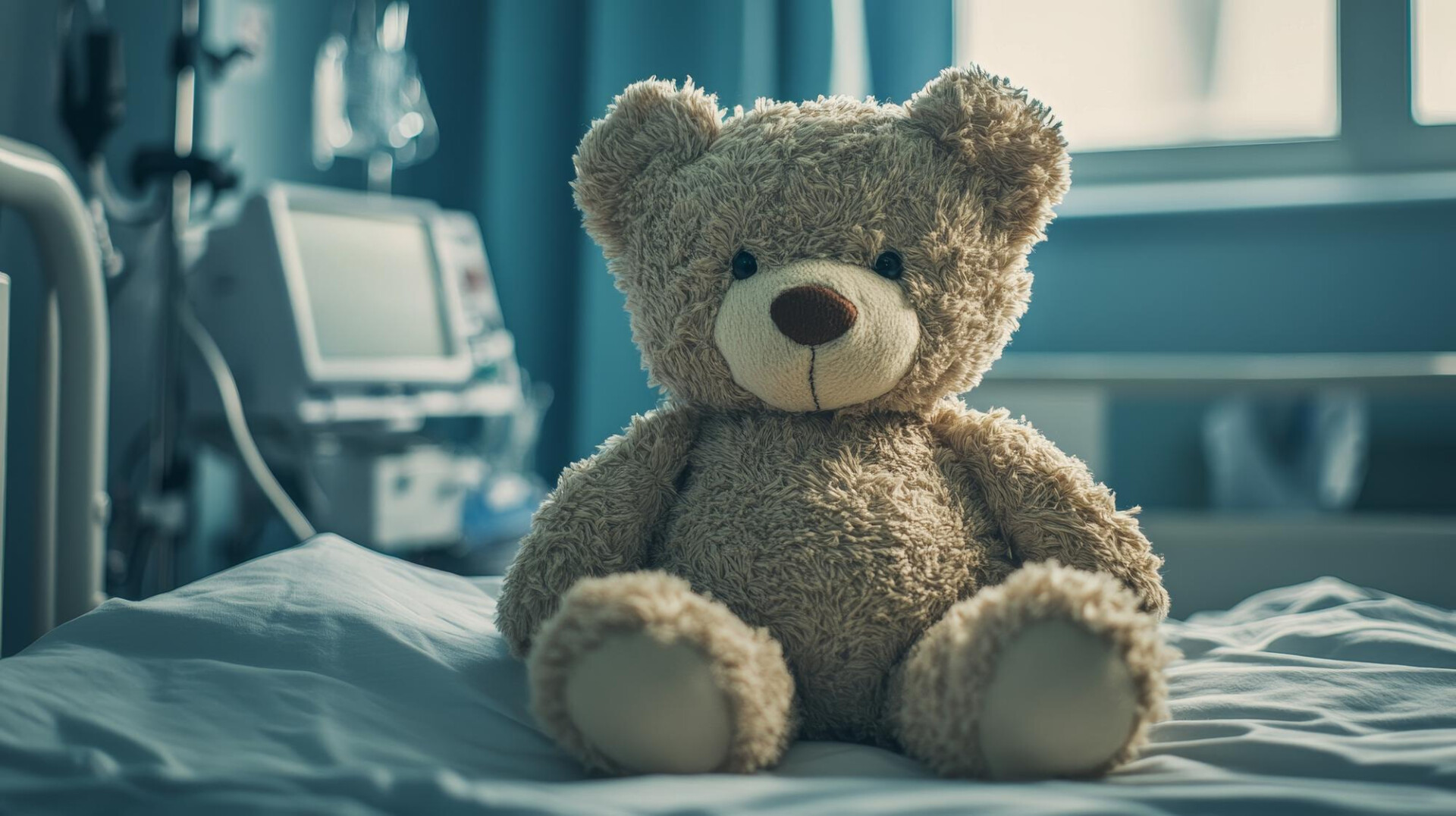 A plush teddy bear sits on a hospital bed with medical equipment blurred in the background, conveying comfort for a patient.