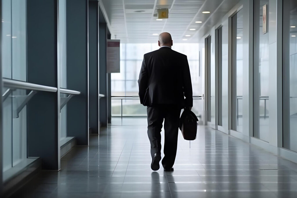 What to do if a solicitor abandons your medical negligence claim - Wolf Law Wolf Law 68165 Back view of a businessman in a black suit walking down a bright office hallway, carrying a briefcase/bag in his right hand.