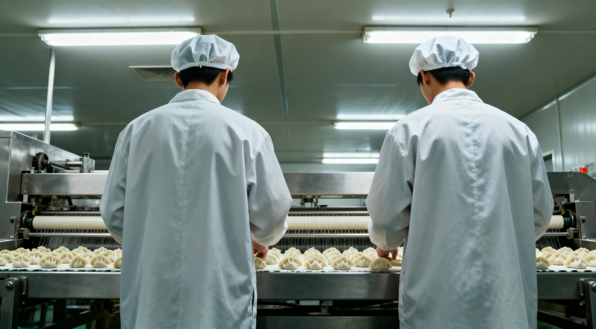 Two bakers in white uniforms and hats work at a pastry production line, arranging dough on a conveyor belt.