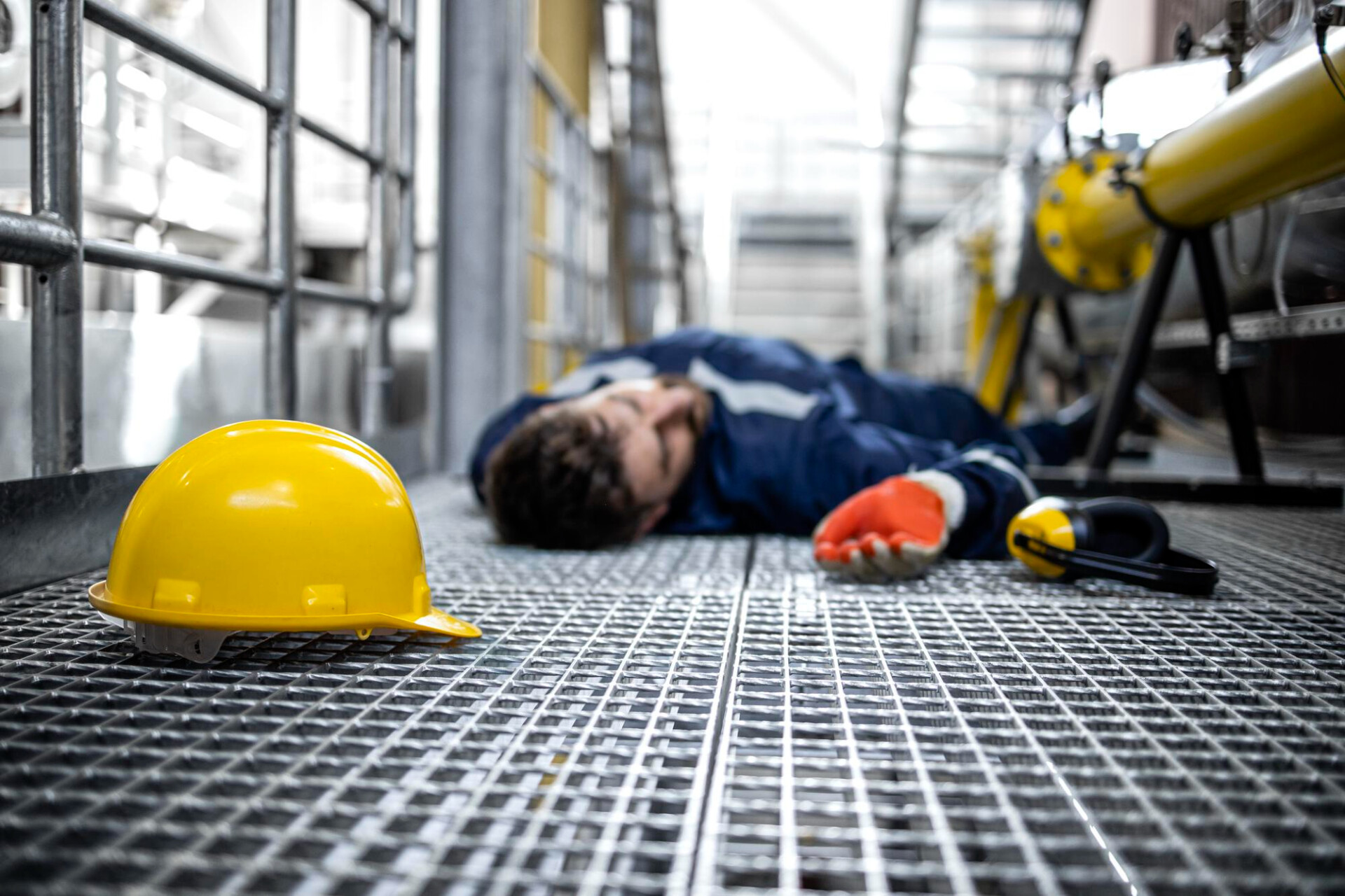 Worker lies on metal grate floor in industrial facility, yellow safety helmet in foreground and scattered PPE nearby indicating an accident or injury.