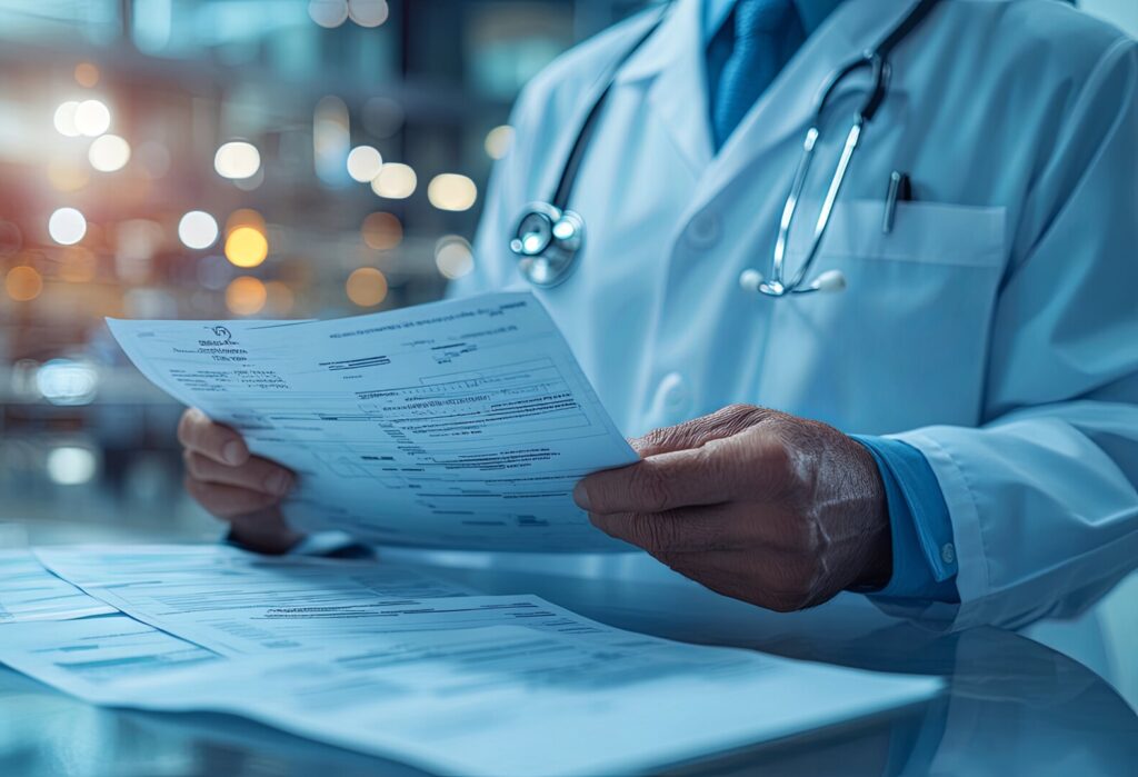 Wolf Law are the number one accident solicitors in Liverpool and the Wirral, supporting claims for personal injury claims in Liverpool Wolf Law are the number one accident solicitors in Liverpool and the Wirral, supporting claims for personal injury claims in Liverpool Doctor in a white coat with a stethoscope around the neck, holding and reviewing medical forms at a desk in a clinical setting with blurred lights in the background.