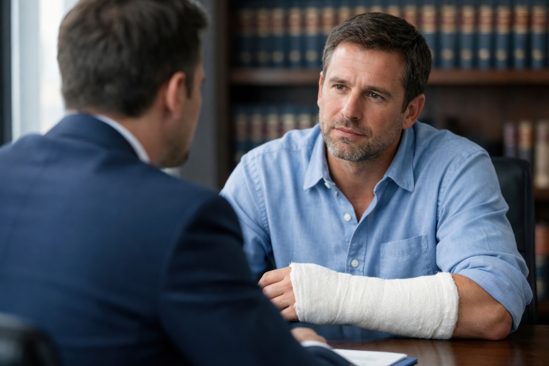 Man with a wrapped forearm sits at a desk, talking with a colleague in a professional office with bookshelves in the background.