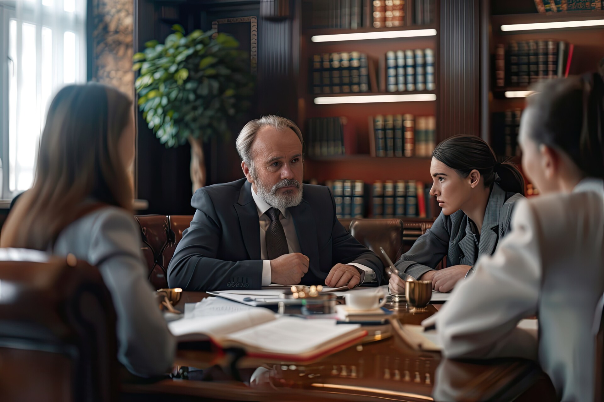 Group of professionals around a conference table in a study, discussing documents and taking notes.